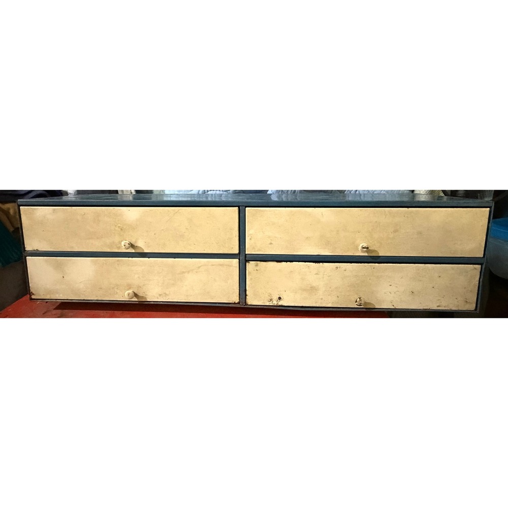 Vintage Blue Steel 4-Drawer Machinist Storage Cabinet Yellow Interior Patina